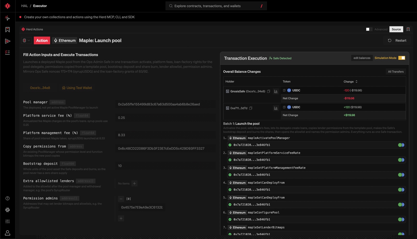 Herd action executor showing a batched Maple pool launch transaction
