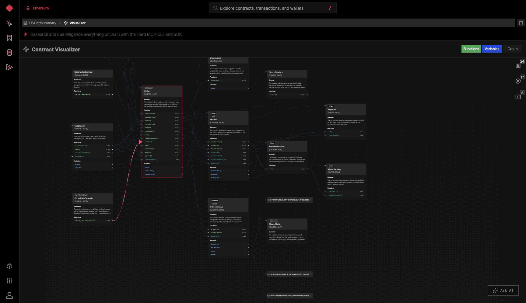 Herd contract visualizer showing connected contracts and functions